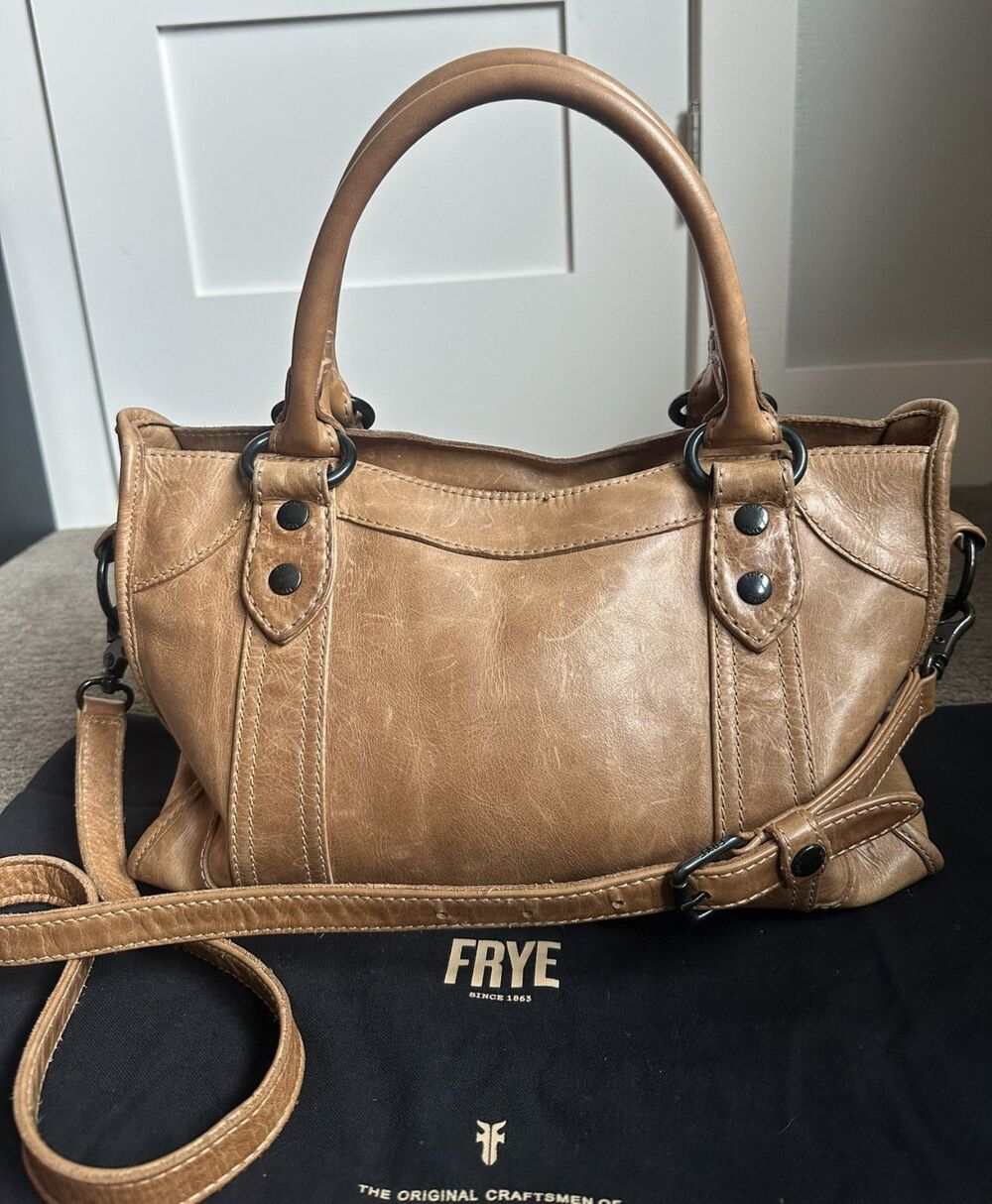Frye Melissa Distressed Leather Satchel / Shoulder Bag Cognac Tan
